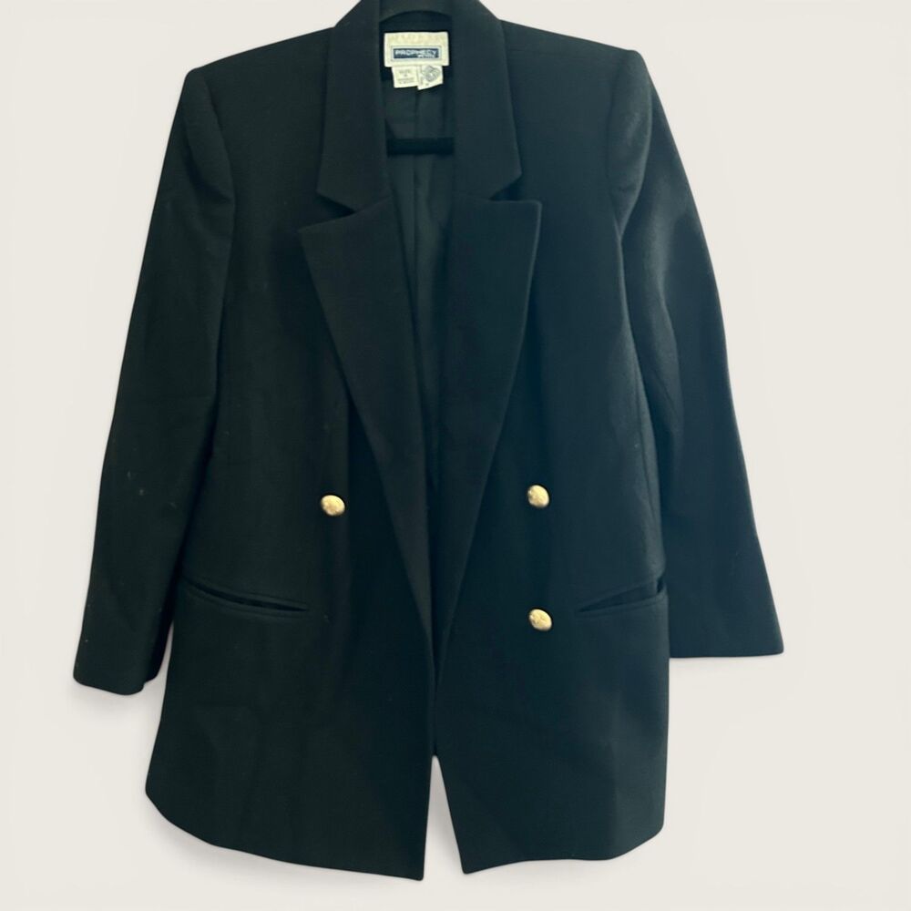 Vintage Prophecy Petite Black Double Breasted  Wool Blazer Size 8 Gold Buttons